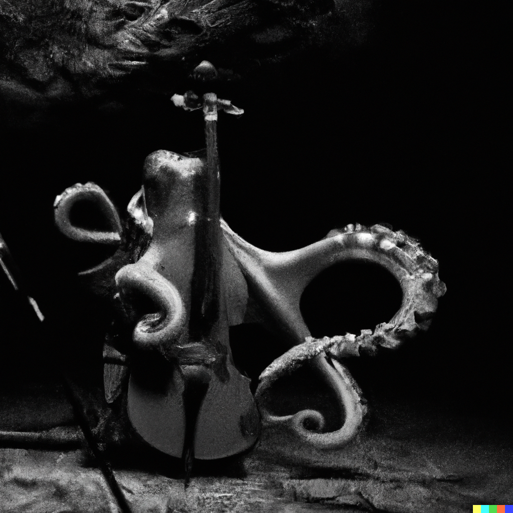 Realistic black and white photo of an octopus playing cello in a haunting underwater stage 1