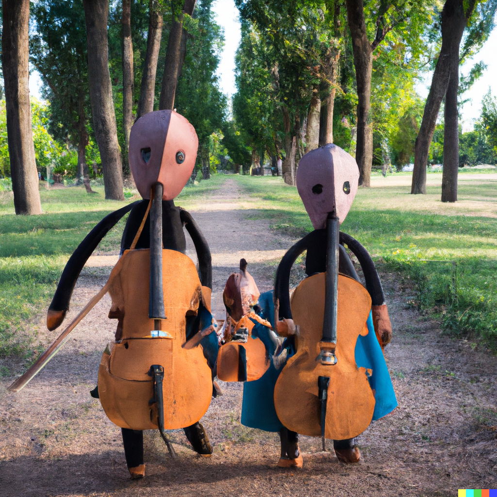Anthropomorphic cello and viola walking in a park with their two child violins