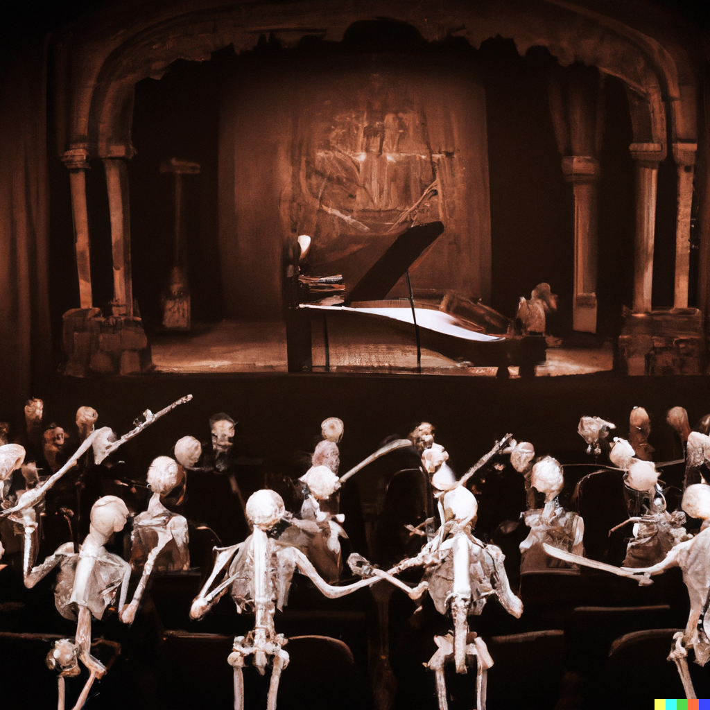 An orchestra performing for an audience of skeletons and zombies in a gothic concert hall as a realistic photograph