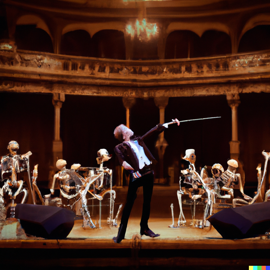 An orchestra performing for an audience of skeletons and zombies in a gothic concert hall as a realistic photograph