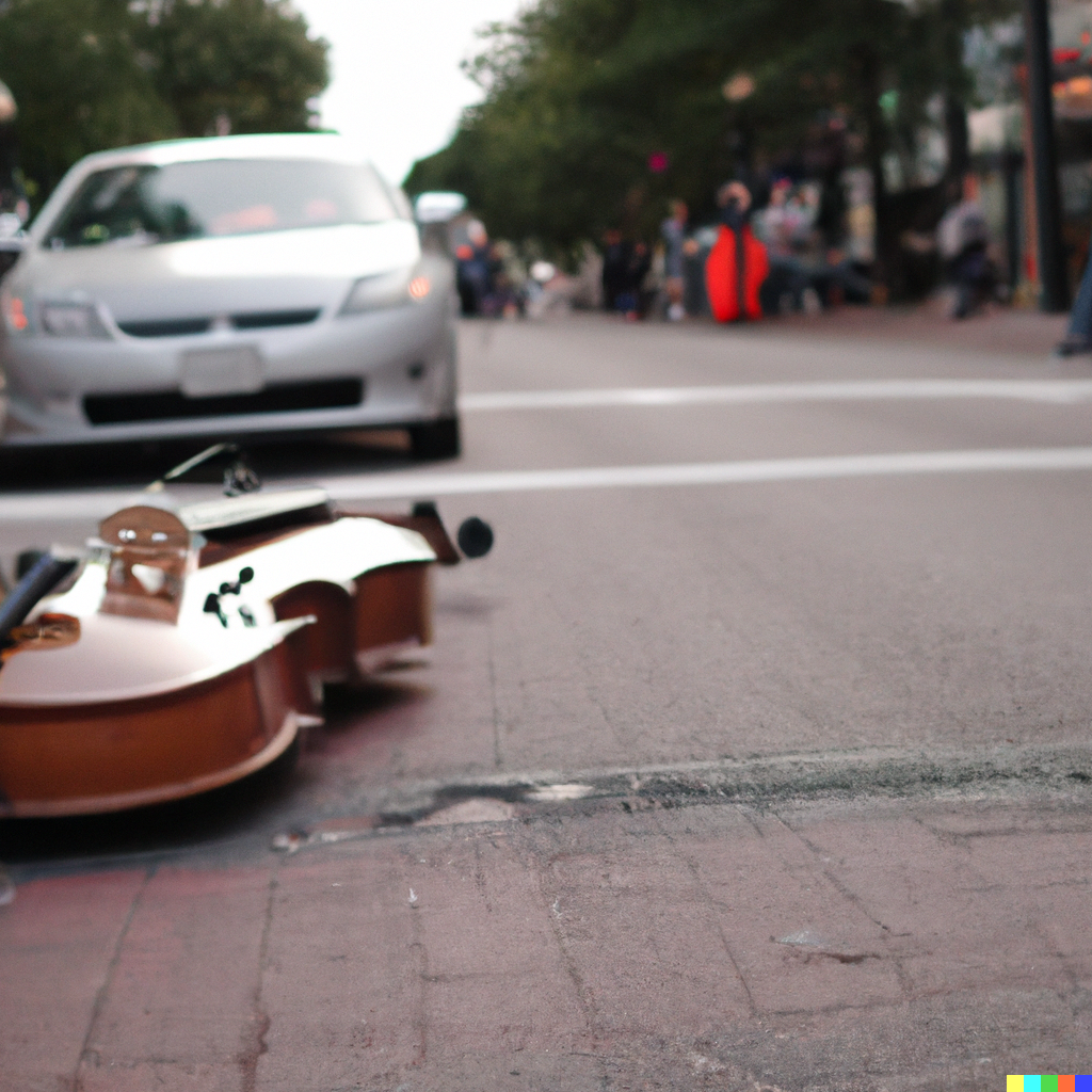 A photo of a cello lying in the road in Harvard Square with a car driving towards it