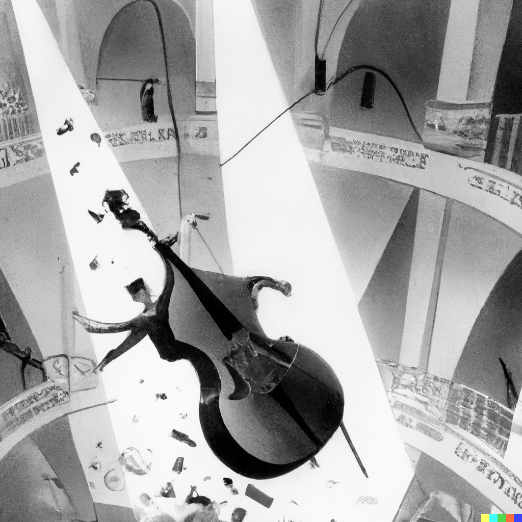 A cello falling from the ceiling in A Night at the Opera 1935