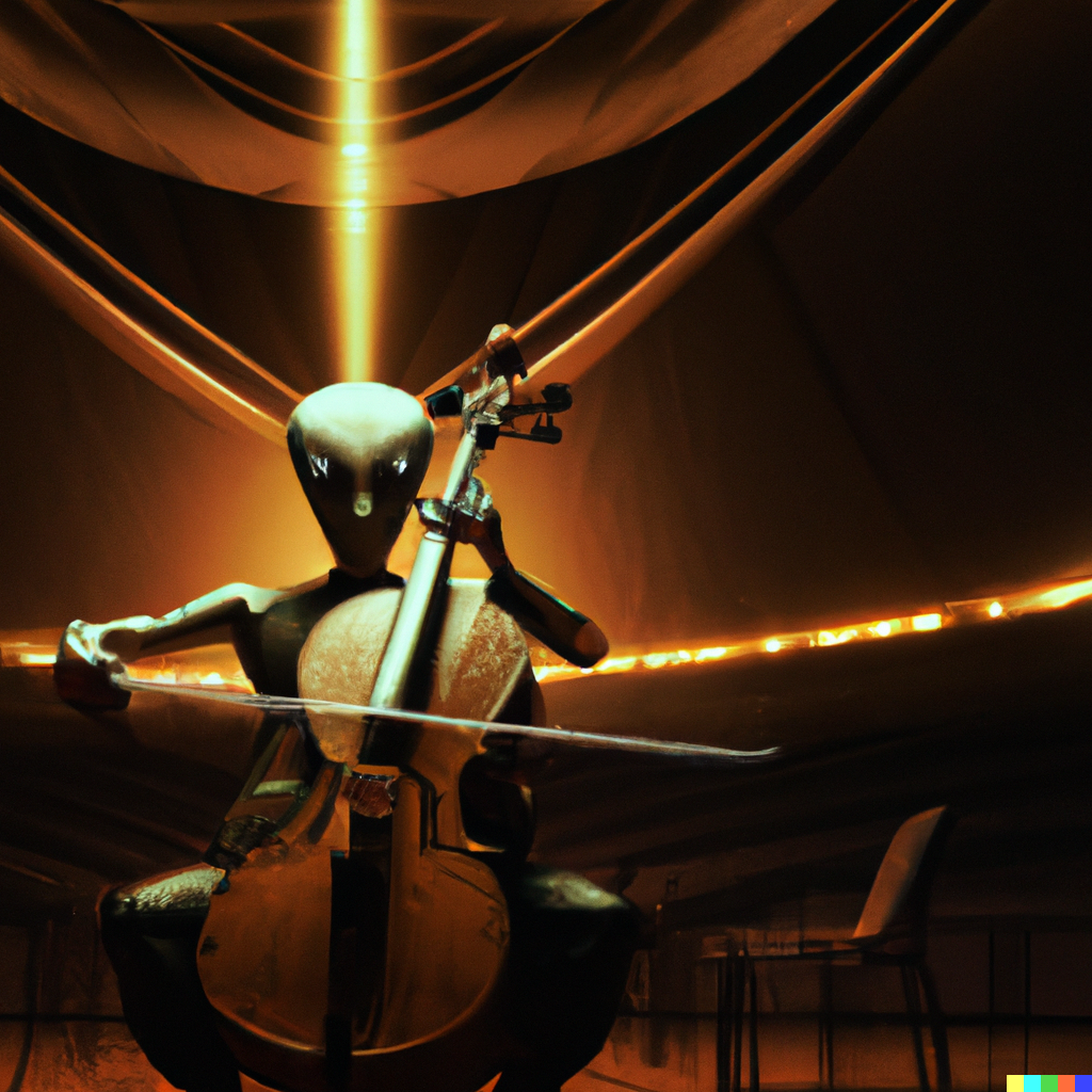 An alien playing a cello in a concert hall from The Fifth Element 1997
