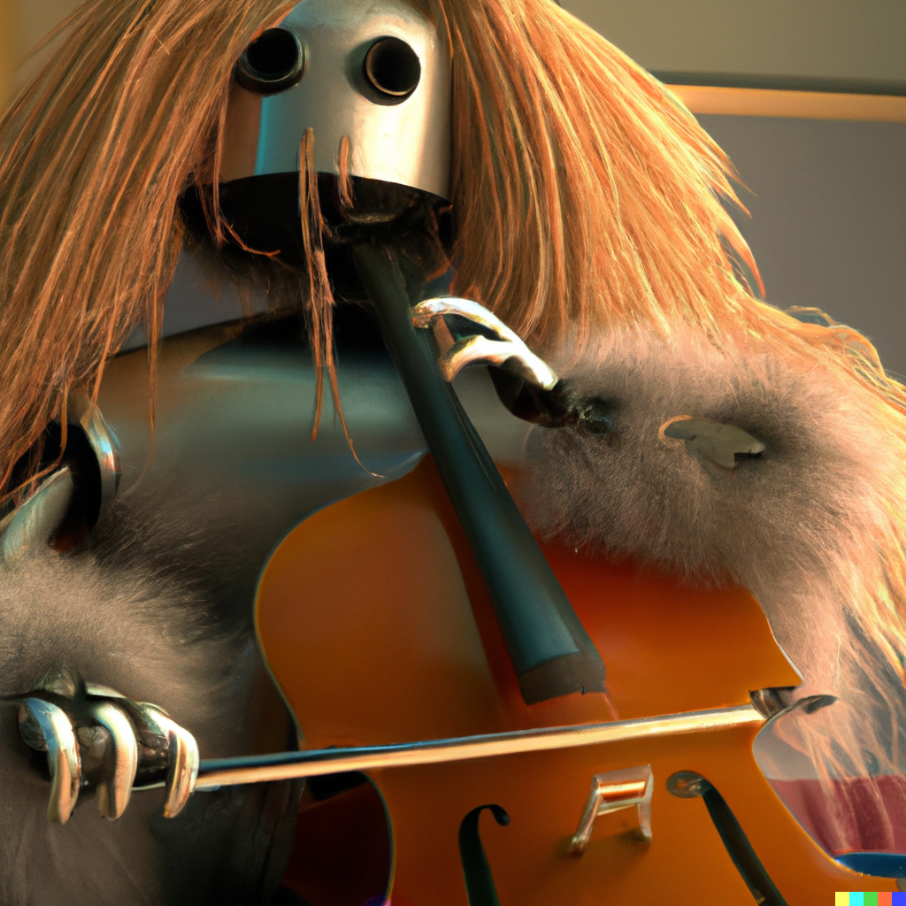 A fluffy robot playing a cello made out of hair in Rick and Morty 2019