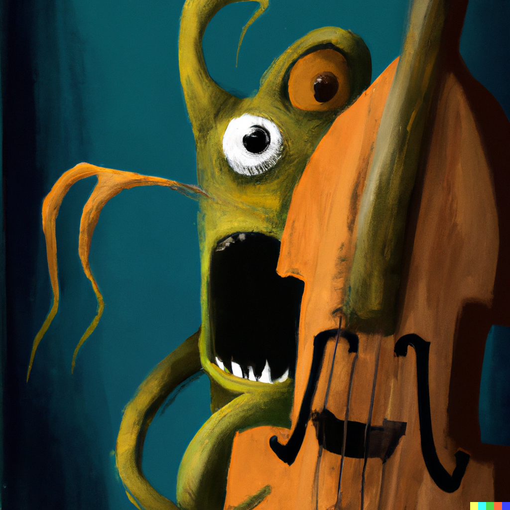 Monster looking at a cello made out of sponge in Big Mouth 2022