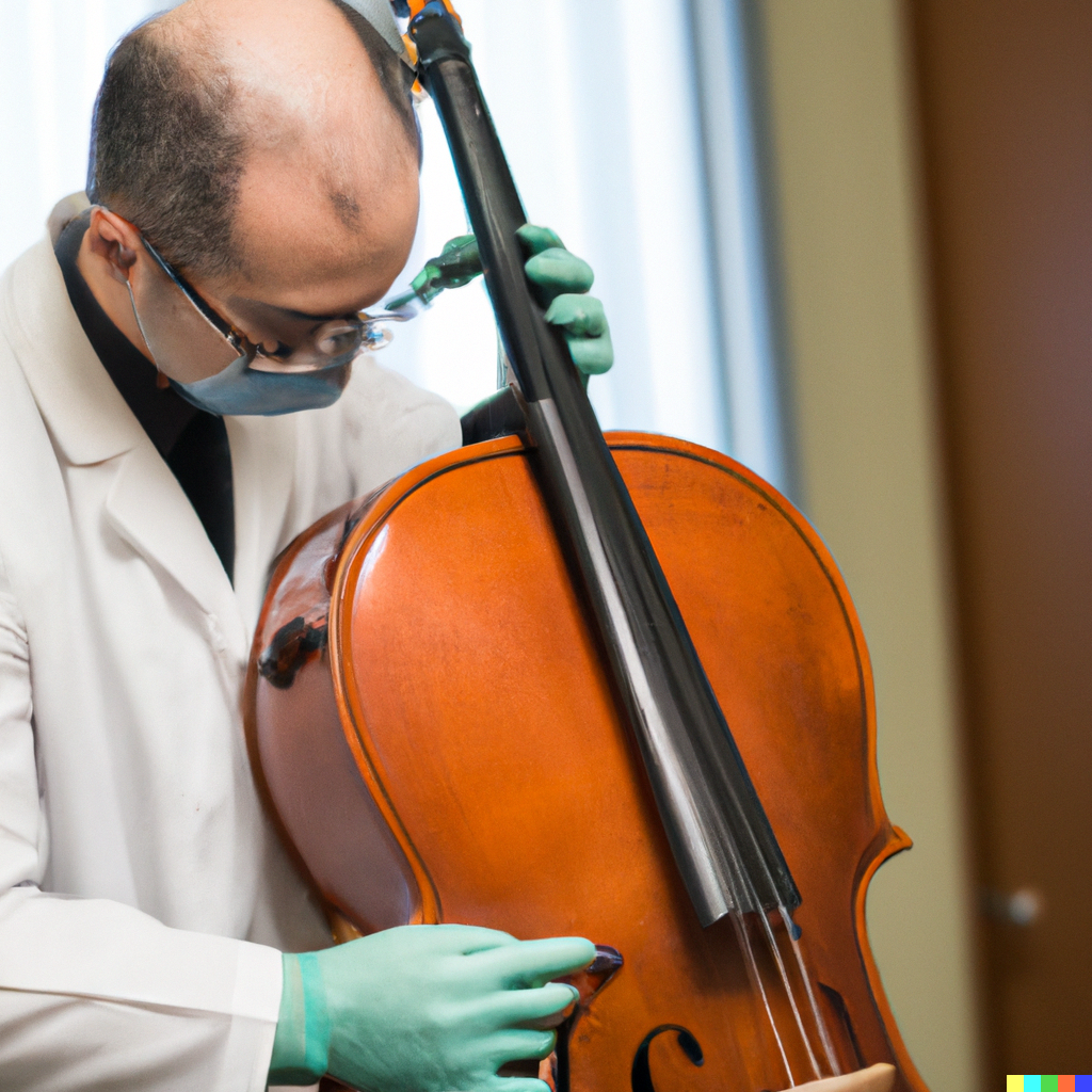 A doctor treating a cello as a patient in a doctor s office