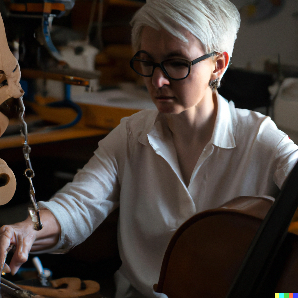 Photo of a female luthier making a cello short grayish white hair wrinkled face large nose eyes closed thick rimmed black glasses white blouse